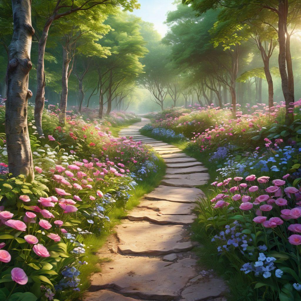 A serene landscape showcasing a path through a lush green forest, symbolizing the journey of wellness. Along the path, vibrant flowers bloom representing hope and healing, and gentle light filters through the trees, creating an uplifting atmosphere. Include subtle symbols of cancer awareness like colored ribbons intertwined with the natural elements. super-realistic. vibrant colors. 3D.