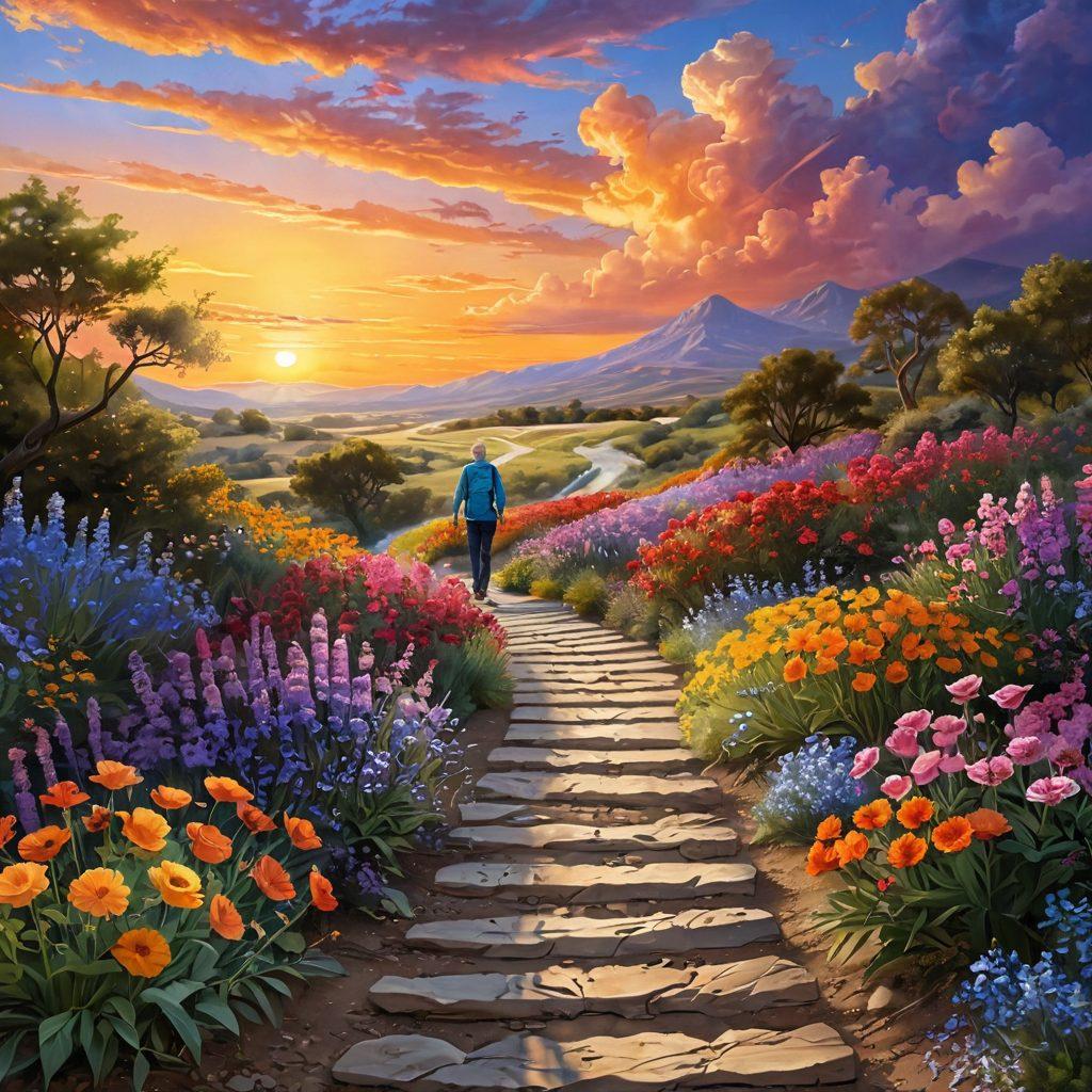 A hopeful journey depicted through a pathway winding through a serene landscape, with symbolic representations of each stage of cancer: a diagnosis, treatment, and ultimate triumph, featuring vibrant flowers blooming along the path, radiant sunset illuminating the sky, and figures of strong, diverse individuals walking together, showcasing courage and support. super-realistic. vibrant colors. uplifting atmosphere.