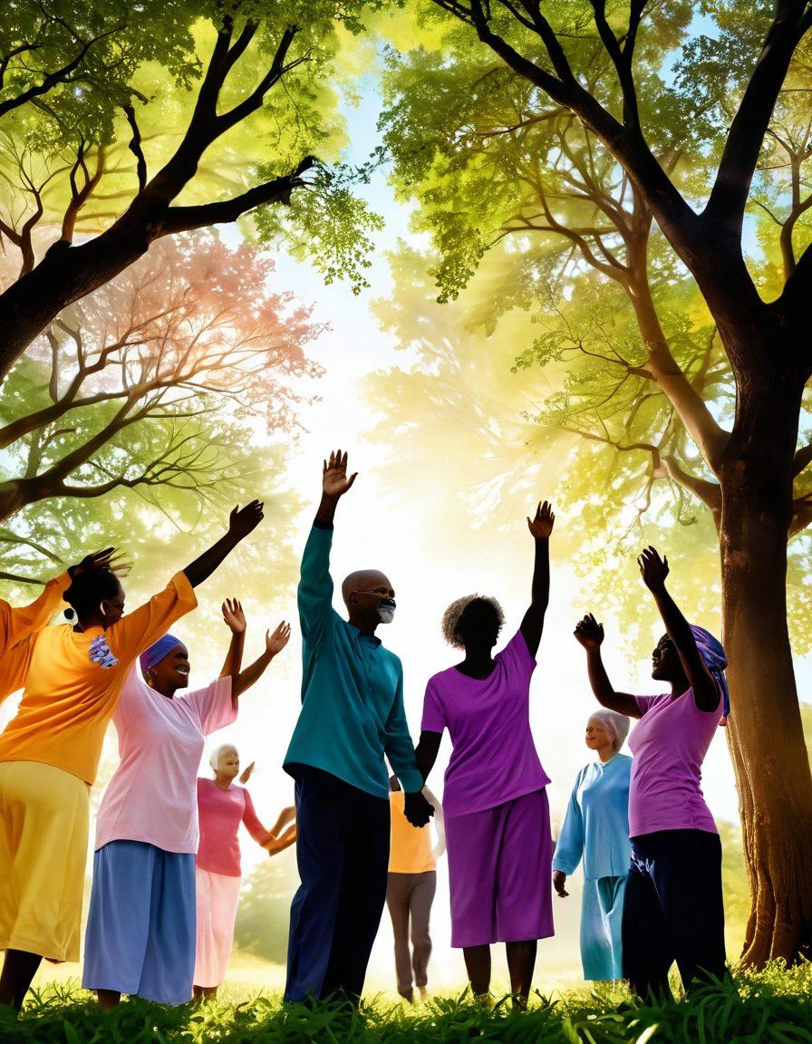 A warm and uplifting scene depicting a diverse group of cancer survivors, each holding hands and sharing their stories under a lush tree symbolizing growth and hope. The background should feature a bright sky with rays of sunlight breaking through clouds, illuminating their joyful expressions. Inspirational quotes floating around them enhance the ambiance of empowerment and wellness. super-realistic. vibrant colors. soft focus.